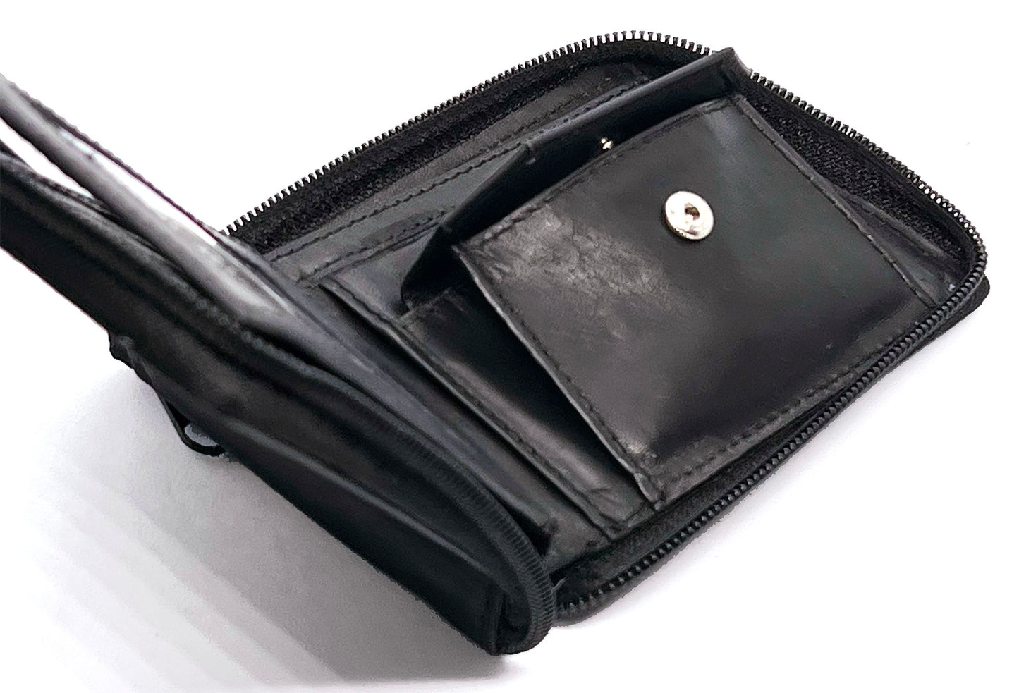 Black Genuine Leather Mens Bifold Wallet Card Coin Holder Plastic Sleeve Inserts ID Zip Around