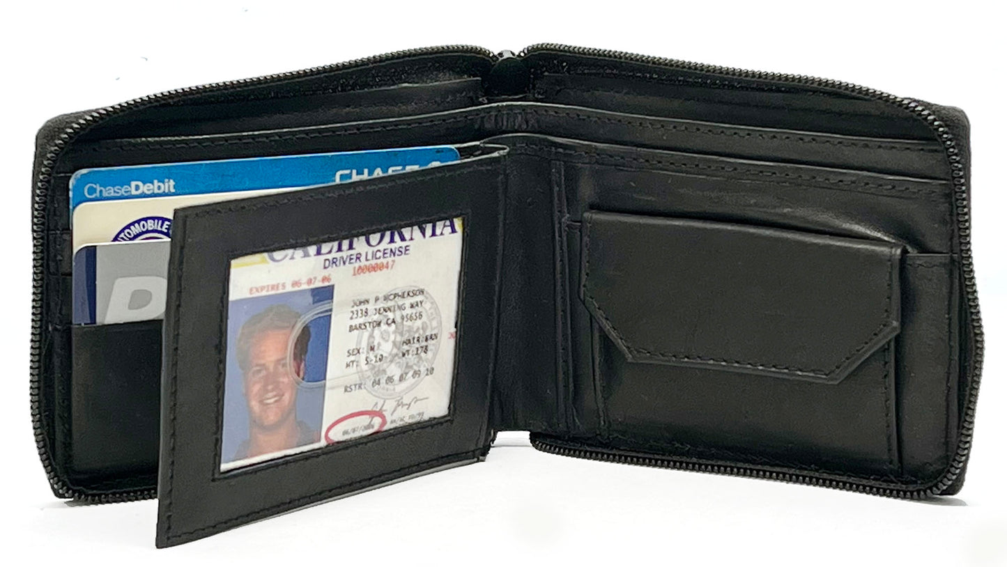 Black Genuine Leather Mens Bifold Wallet Card Coin Holder Plastic Sleeve Inserts ID Zip Around