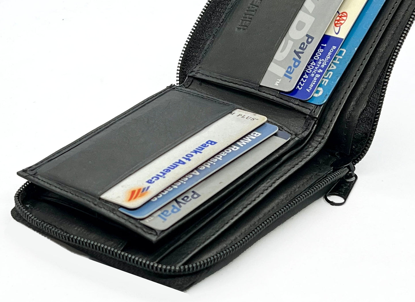 Black Genuine Leather Mens Bifold Wallet Card Coin Holder Plastic Sleeve Inserts ID Zip Around