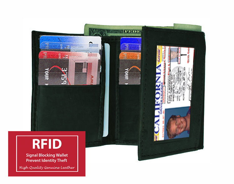 RFID Blocking Genuine Leather Men's Trifold Wallet Credit Card Holder ID Window