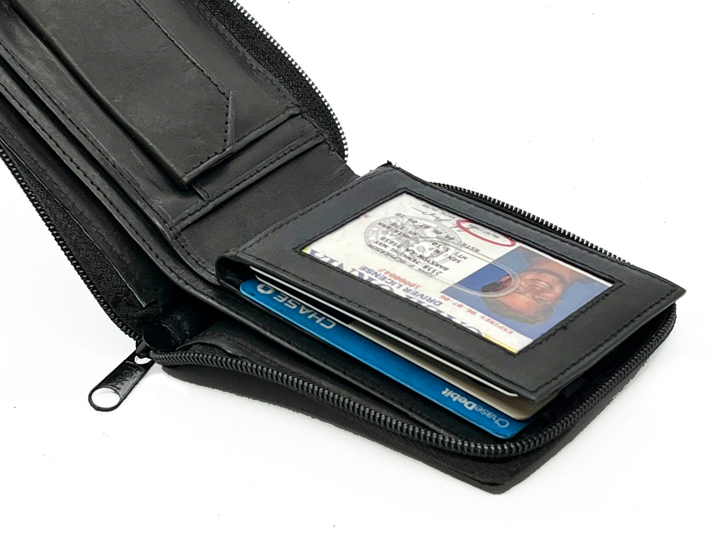 Black Genuine Leather Mens Bifold Wallet Card Coin Holder Plastic Sleeve Inserts ID Zip Around