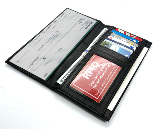 Black Genuine Leather Checkbook Cover Long Wallet Card Organizer Secretary Wallet