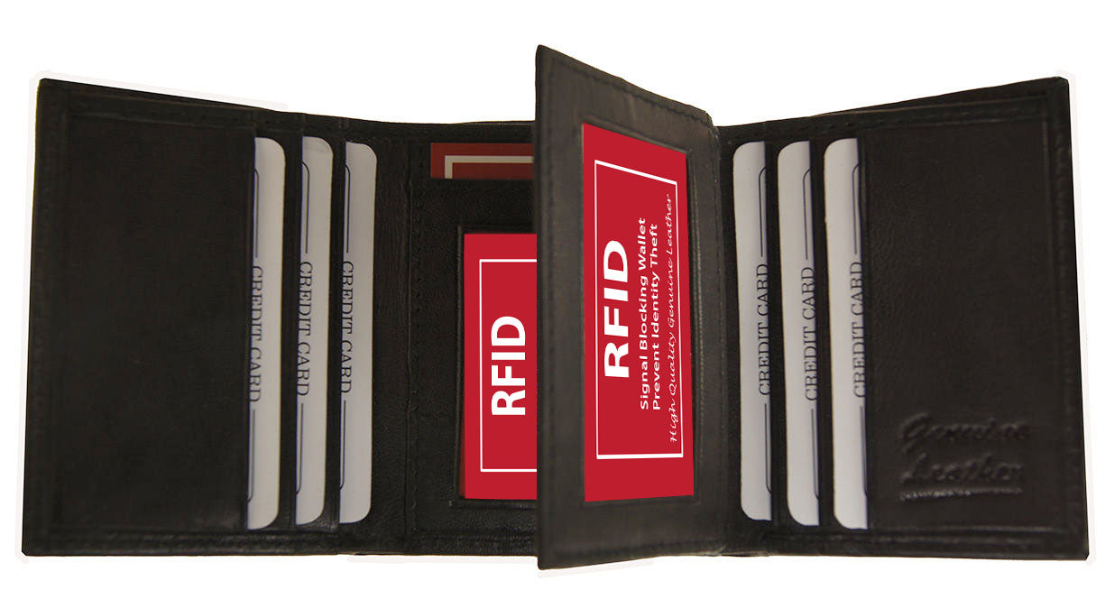 RFID Blocking Vintage Cowhide Leather Men's Trifold Wallet Center Flap Hunter Brown Tan Black