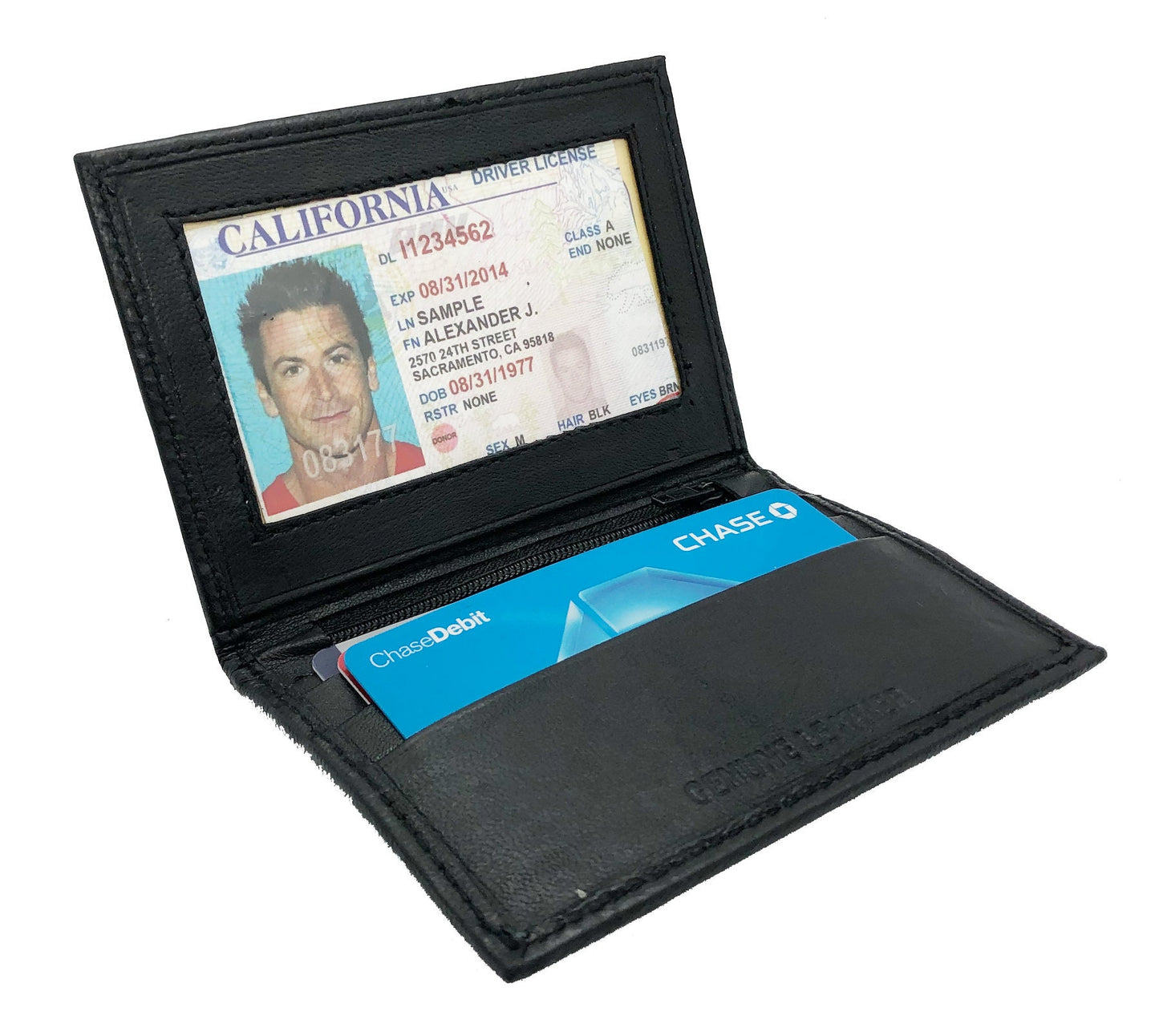 Black Mens Genuine Leather Bifold ID License Card Holder Wallet Zip