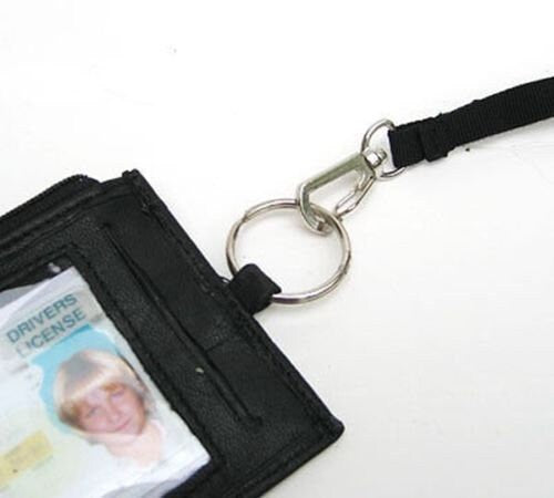 Black Mens Genuine Leather ID Badge Lanyard Key Coins Holder Zip Wallet