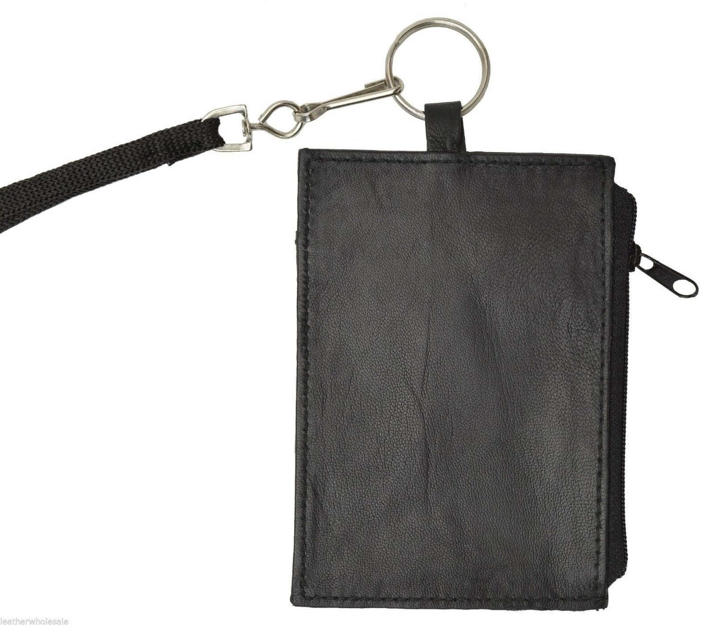 Black Mens Genuine Leather ID Badge Lanyard Key Coins Holder Zip Wallet