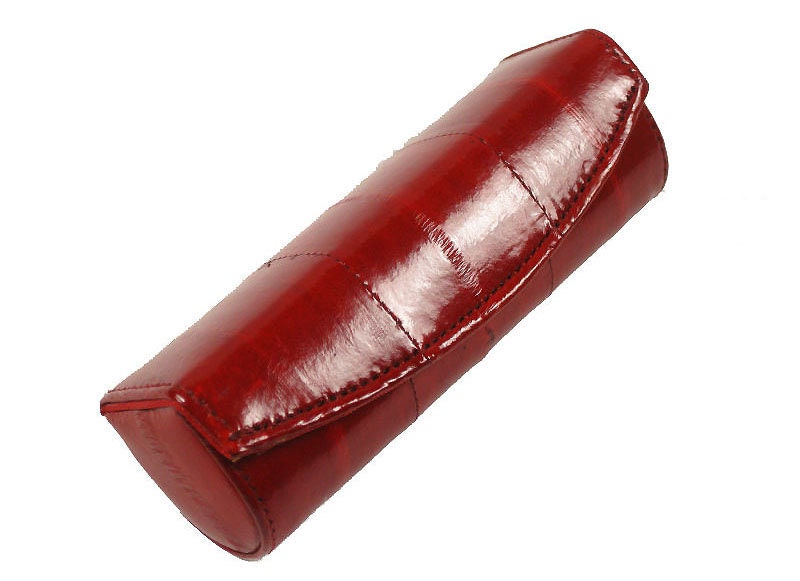 Genuine Eel Skin Women's Leather Lipstick Mirror Case Holder Button Purse Light