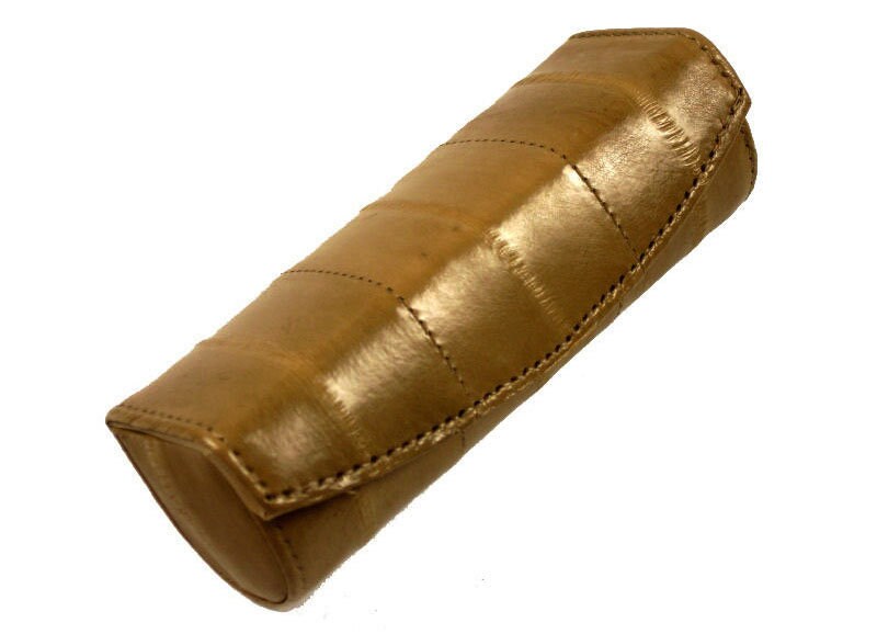 Genuine Eel Skin Women's Leather Lipstick Mirror Case Holder Button Purse Light