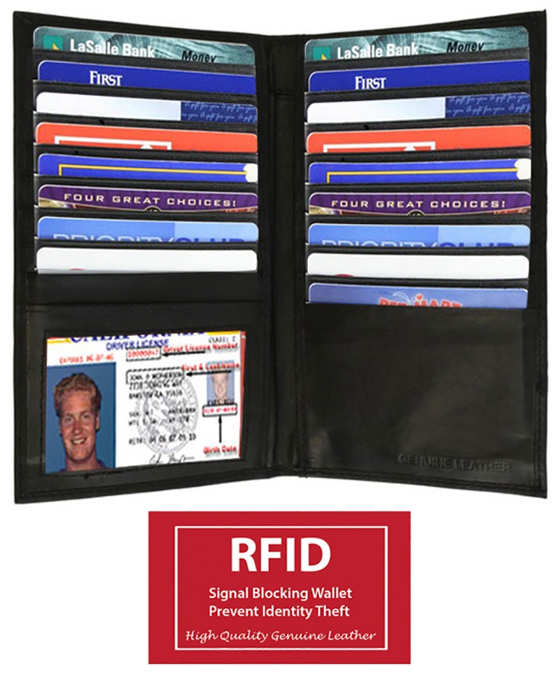 RFID Blocking Genuine Leather Bifold Secretary Checkbook Wallet 19 Card Holder