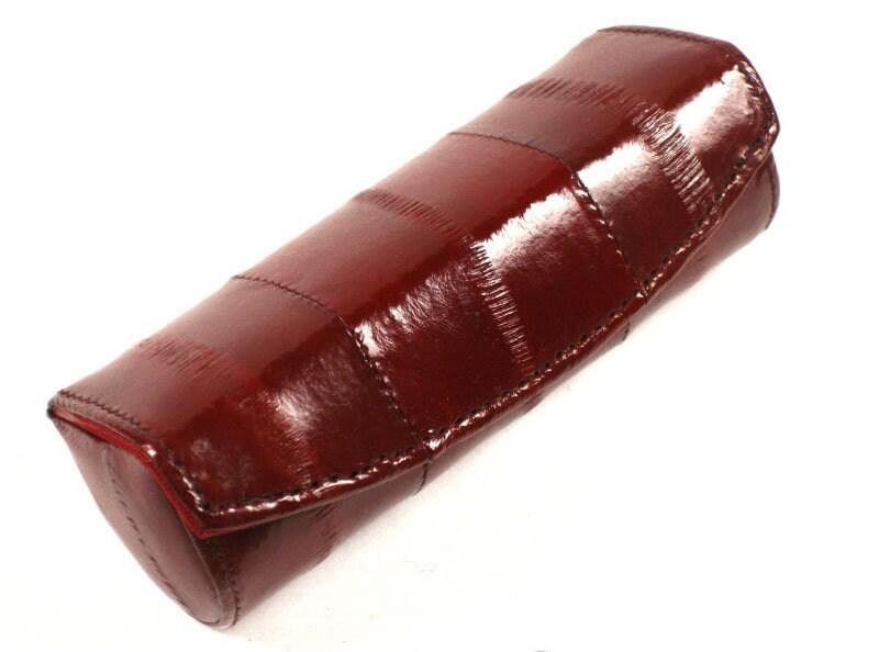 Genuine Eel Skin Women's Leather Lipstick Mirror Case Holder Button Purse Light