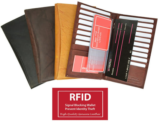 RFID Blocking Genuine Leather Bifold Secretary Checkbook Wallet 19 Card Holder