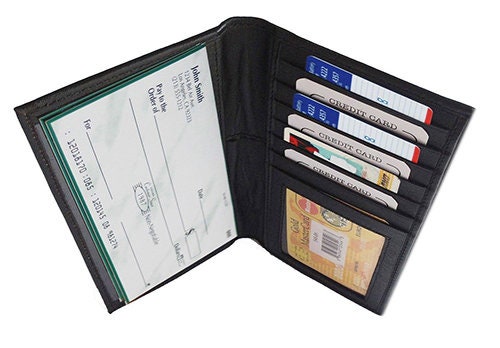 Black Genuine Leather Standard Checkbook Cover Long Wallet Credit Card Holder Men Women