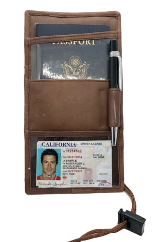 Genuine Leather ID Badge Lanyard Key Coins Boarding Pass Holder Neck Strap Wallet