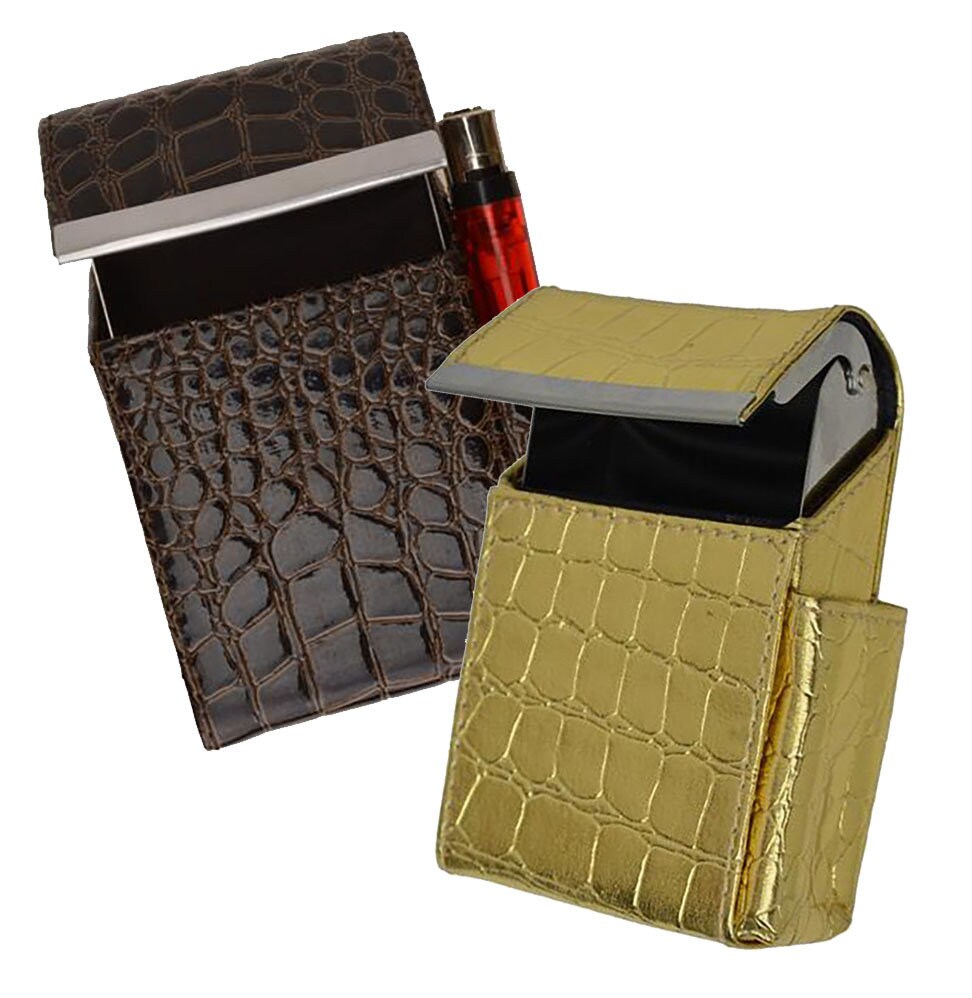 Croc Print Genuine Leather Cigarette Pack Holder Flip-Top Pouch Smoke Carrying Hard Case Croco Cowboy Style