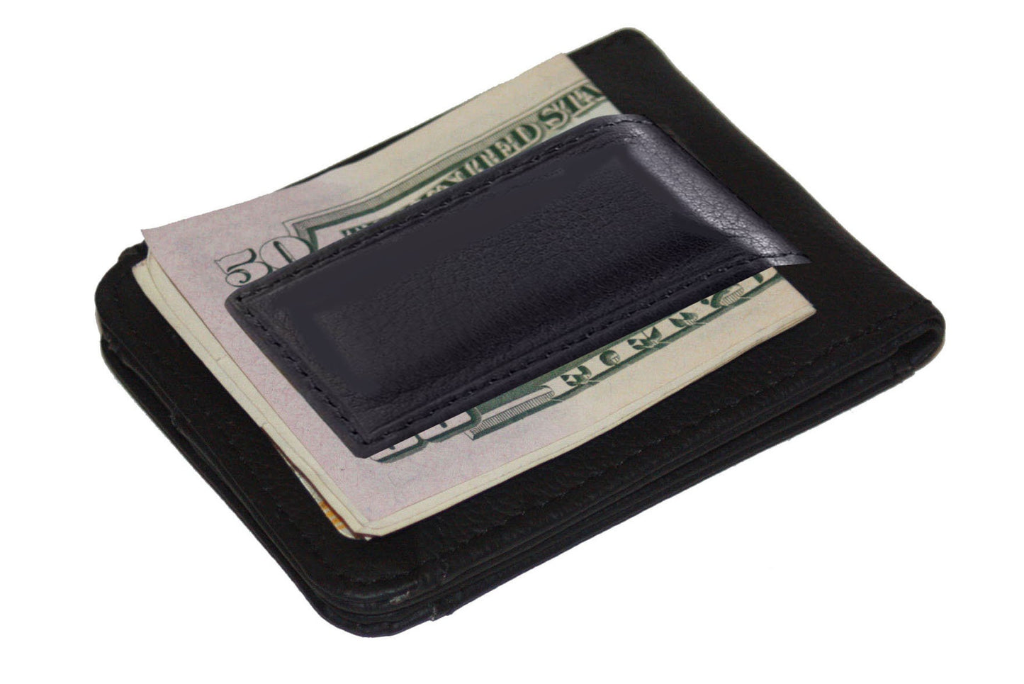 RFID Signal Blocking Black Cowhide Leather Mens Bifold Magnetic Money Clip