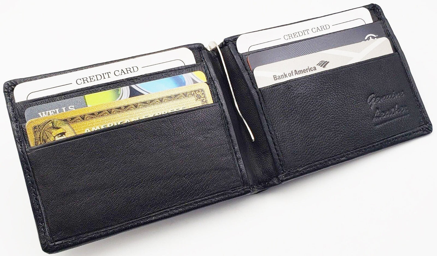 Genuine Leather Men's Bifold Money Clip Front Pocket Credit Card Wallet ID Badge Holder