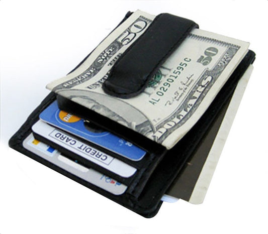 Black Genuine Cowhide Leather Money Clip Men's Thin Wallet ID Badge Credit Card Holder