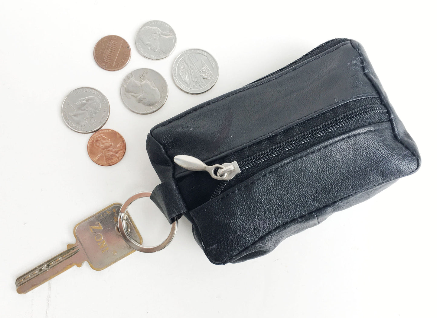 Handcrafted Genuine Leather Men's Coin Purse Zip Closed with Key Ring Holder