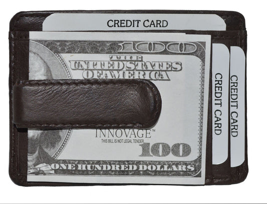 Black Genuine Cowhide Leather Money Clip Men's Thin Wallet ID Badge Credit Card Holder