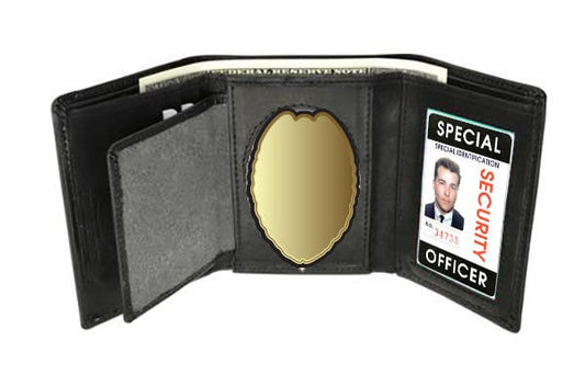 RFID Blocking Black Leather Men's Conceal Carry Badge Wallet License Oval Shield Holder