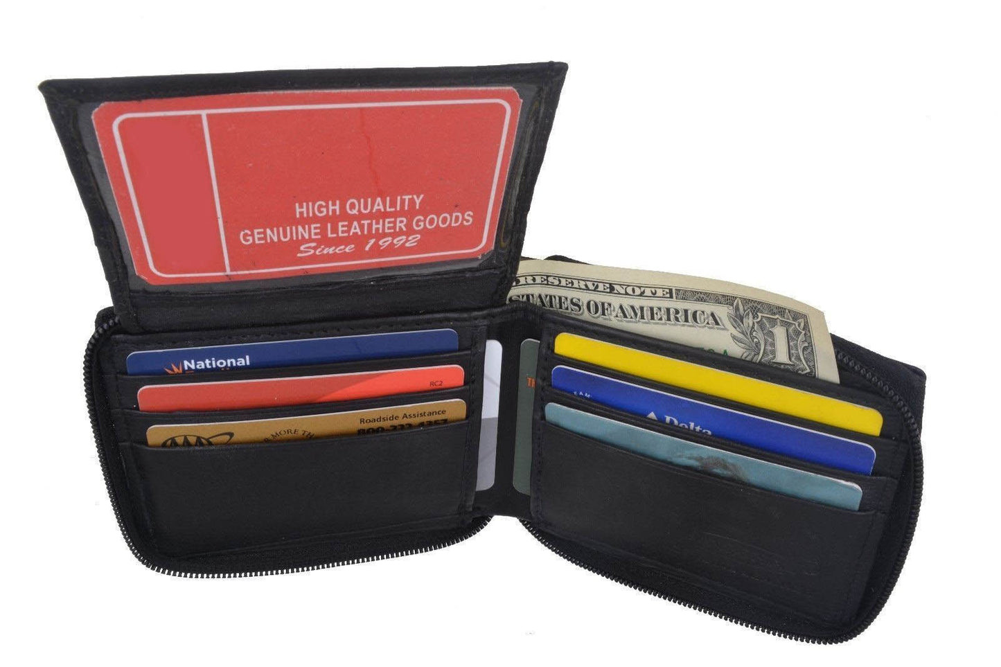 Genuine Leather Zip-Around Men's Bifold Wallet Flap Top ID Holder