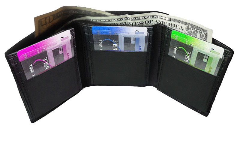 Black RFID Blocking Handcrafted Genuine Leather Mens Trifold Wallet Front Pocket ID badge Holder
