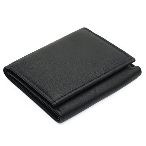 RFID Blocking Black Handcrafted Genuine Leather Mens Trifold Wallet Front Pocket ID Badge Holder Flap Top