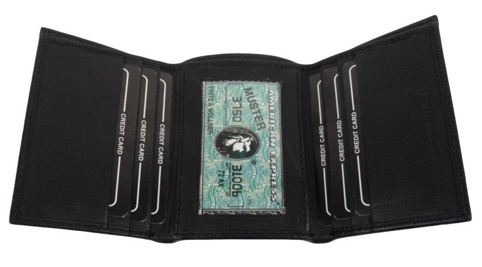 Black Genuine Leather Mens Trifold Wallet Front Pocket ID badge Holder