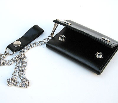 Black Mens Leather Biker's Chain Trifold Wallet Trucker Motorcycle Steel Chain