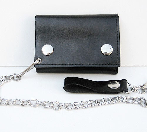 Black Mens Leather Biker's Chain Trifold Wallet Trucker Motorcycle Steel Chain