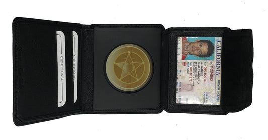 RFID Blocking Black Leather Men's Conceal Carry Badge Wallet License Circle Shield Holder