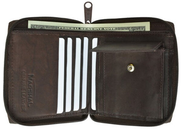 Genuine Leather Zip-Around Men's Bifold Wallet with coin pocket Black Brown Burgundy