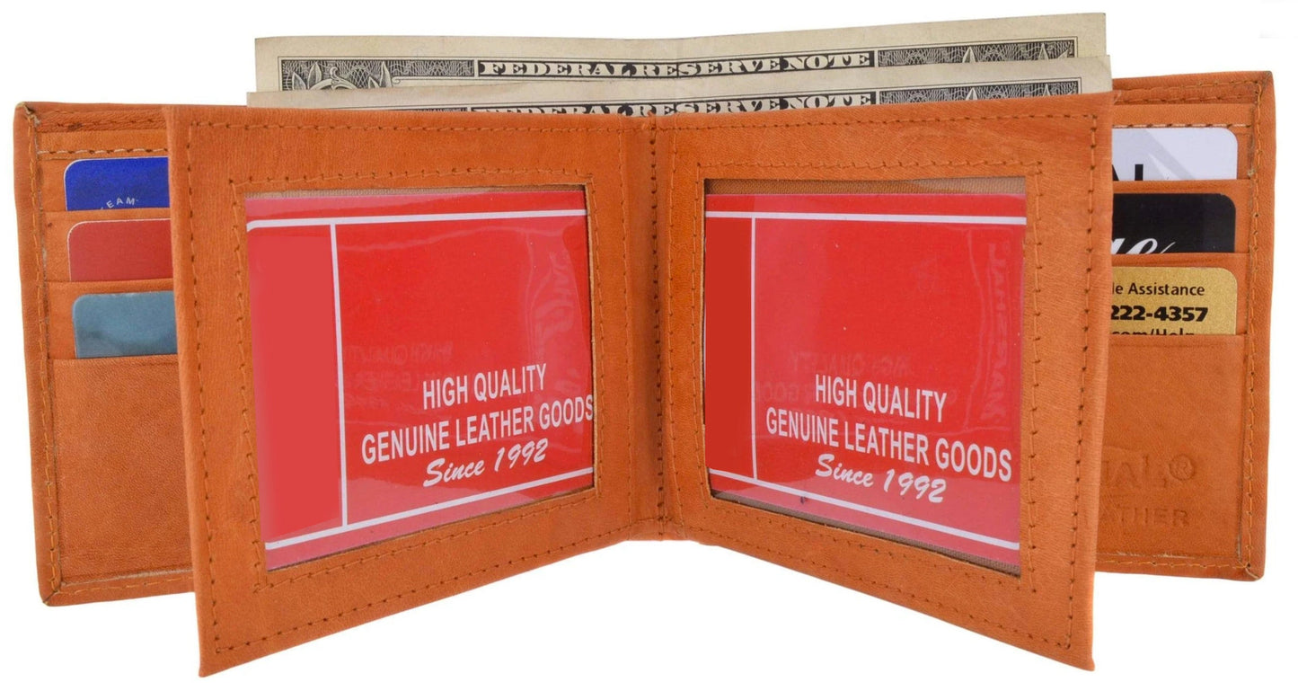 RFID Blocking Genuine Leather Men's 2 Center Flap Bifold Wallet ID Credit Card ID Holder