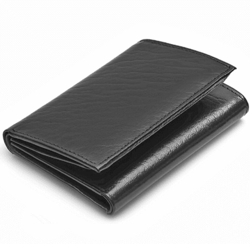 RFID Blocking Black Handcrafted Genuine Leather Mens Trifold Wallet Front Pocket ID badge Holder Flap Top