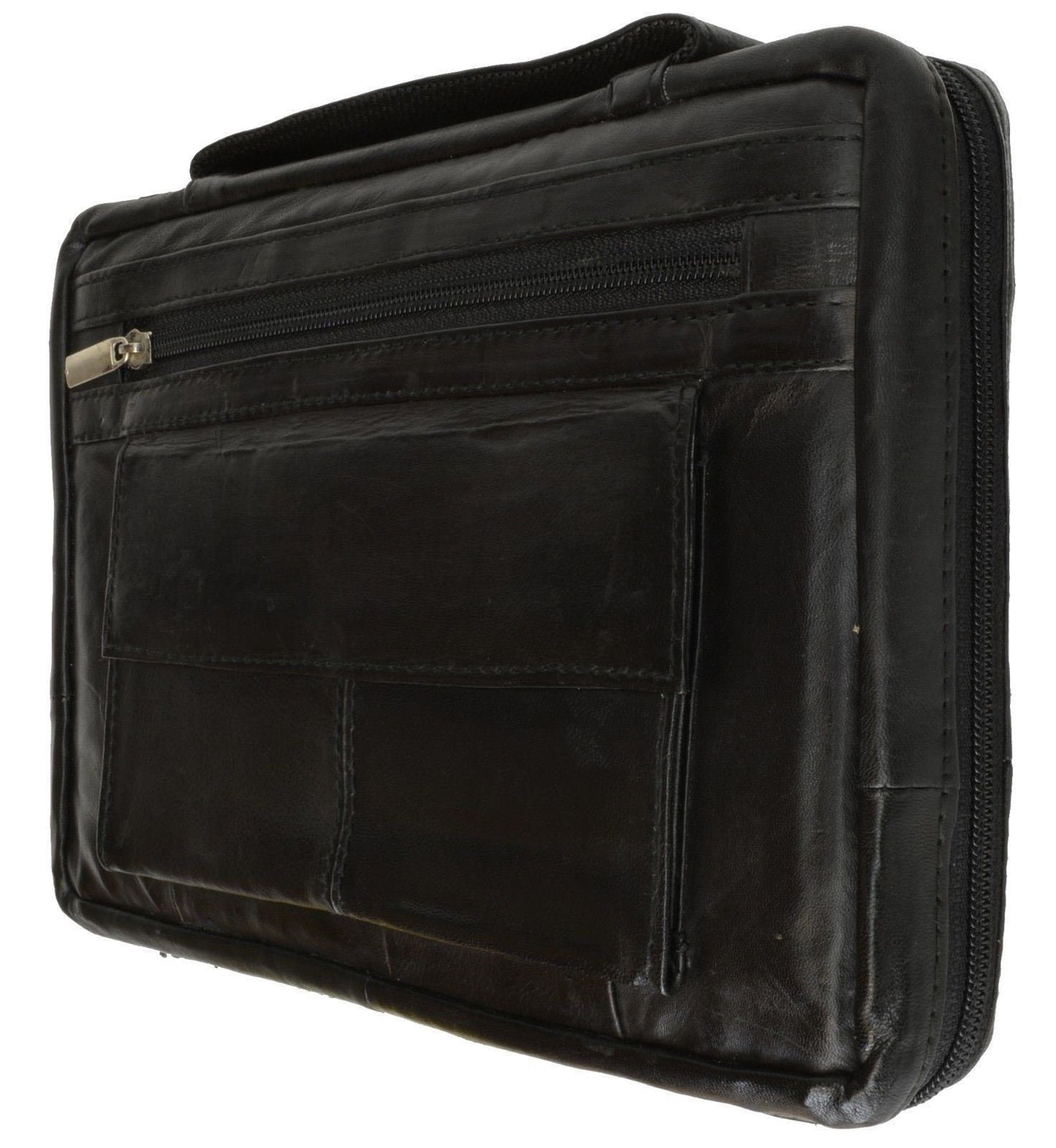 Black Genuine Leather Bible Cover Zippered Bag Book Organizer Brief Case