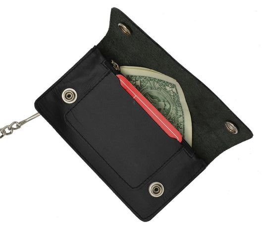 Black Mens Leather Long Biker's Chain Trifold Wallet Trucker Motorcycle