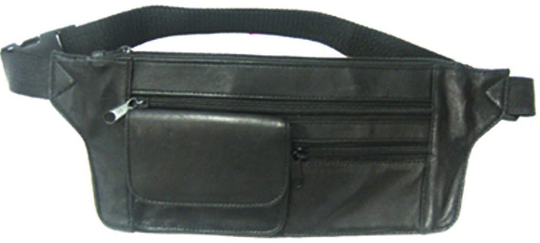 Black Genuine Leather Fanny Pack Money Belt Thin Waist Bag Travel Jogging Pouch