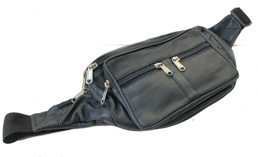 Black Leather Sport Fanny Pack Travel Waist Hip Jogging Zip Hip Bag Unisex