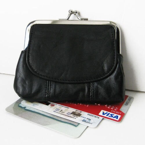 Black Genuine Leather Women's Change Purse Clasps Open Coin Flap Top Card Holder