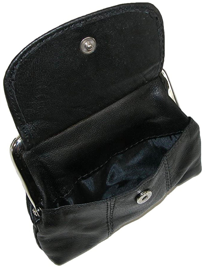 Black Genuine Leather Women's Change Purse Clasps Open Coin Flap Top Card Holder