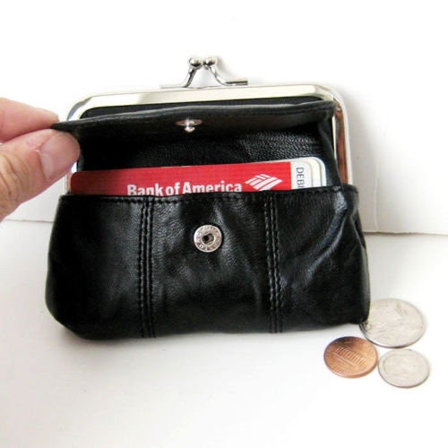 Black Genuine Leather Women's Change Purse Clasps Open Coin Flap Top Card Holder