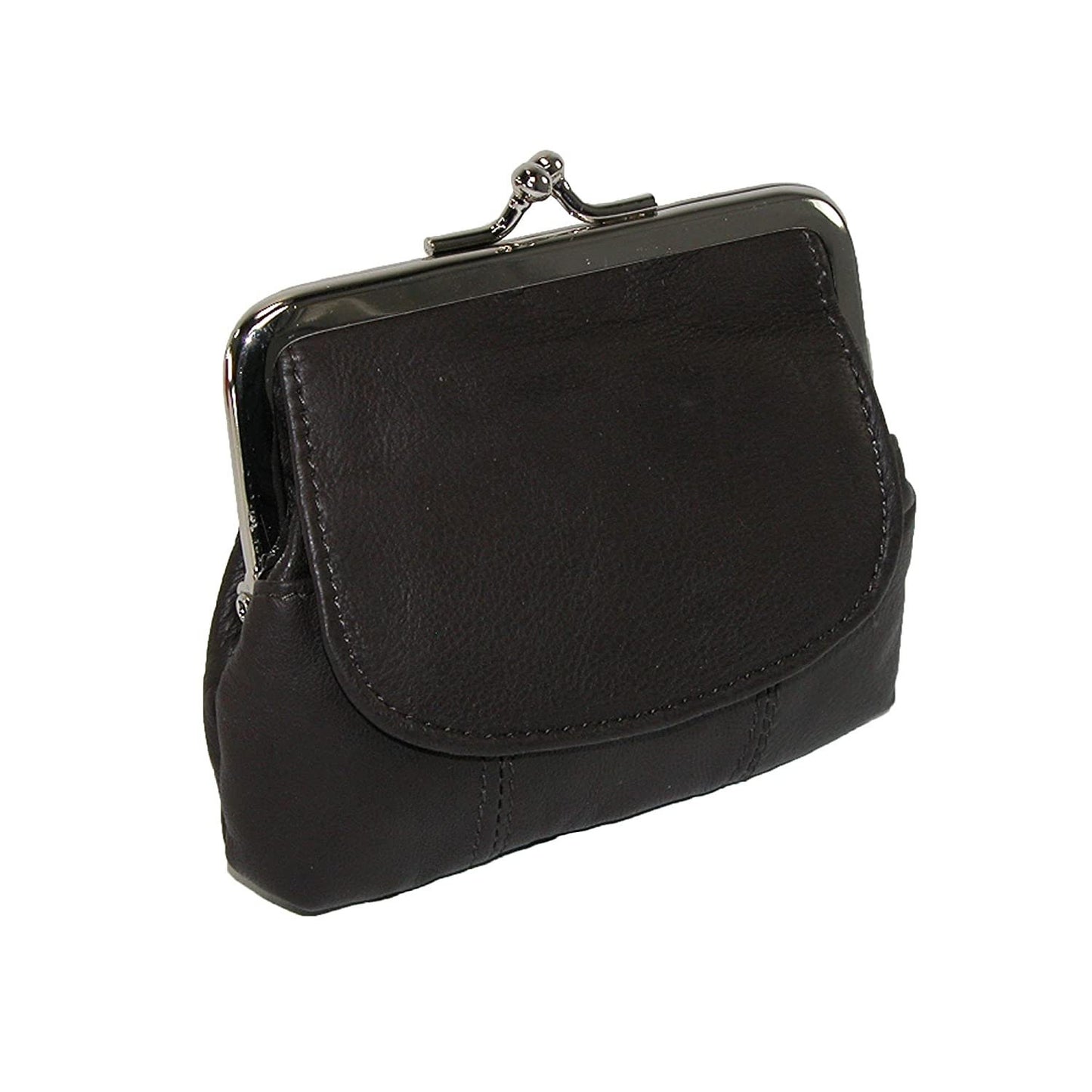 Black Genuine Leather Women's Change Purse Clasps Open Coin Flap Top Card Holder