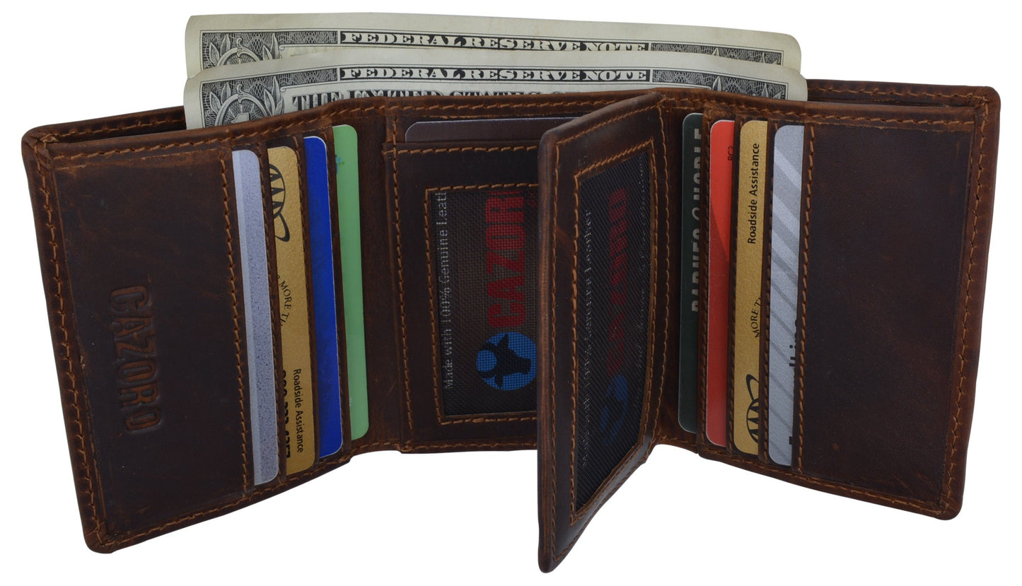 RFID Blocking Vintage Cowhide Leather Men's Trifold Wallet Center Flap Hunter Brown Tan Black