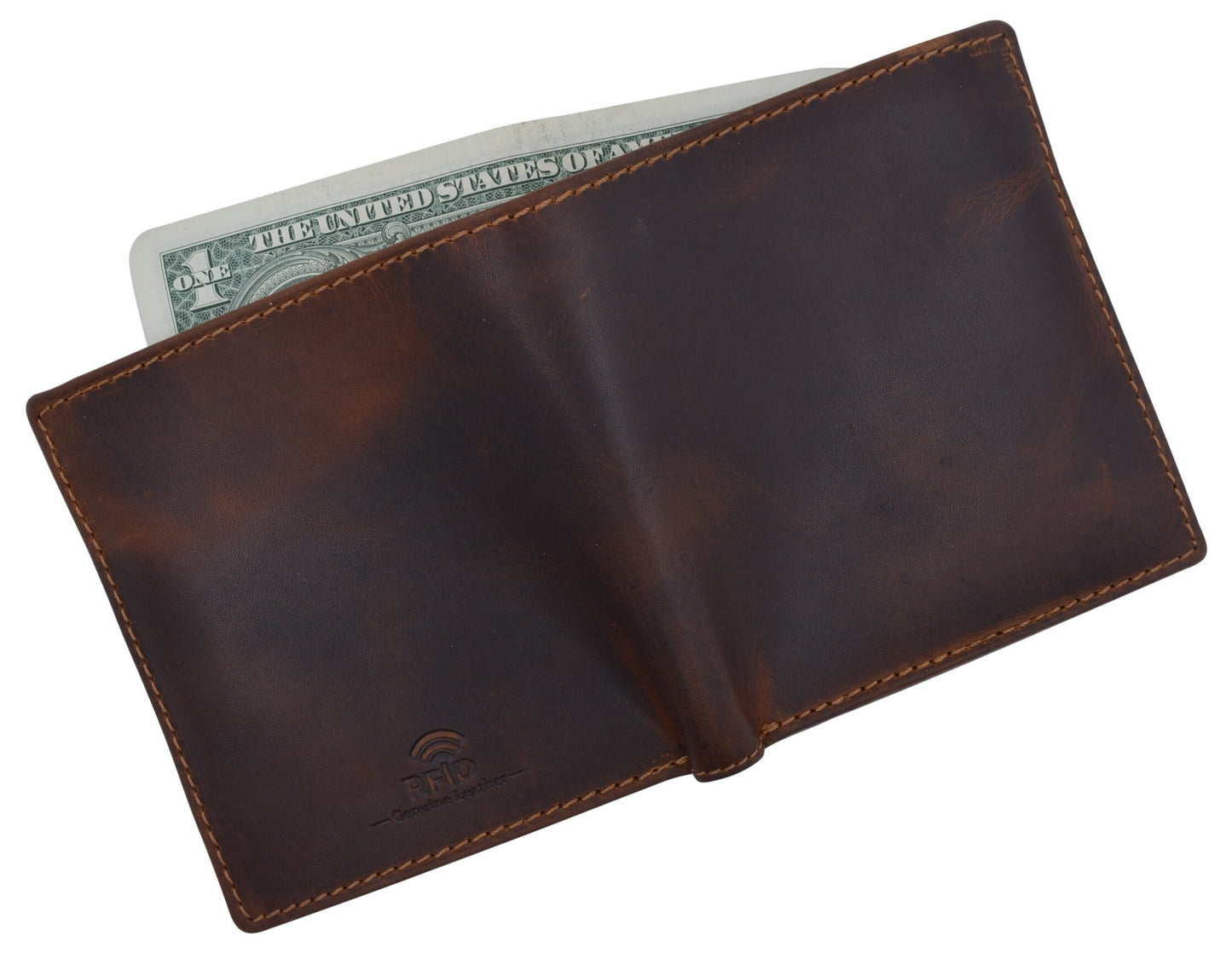 Hunter Brown RFID Blocking Vintage Hunter Leather Men's Bifold Hipster Wallet Full Grain Cowhide Wallet