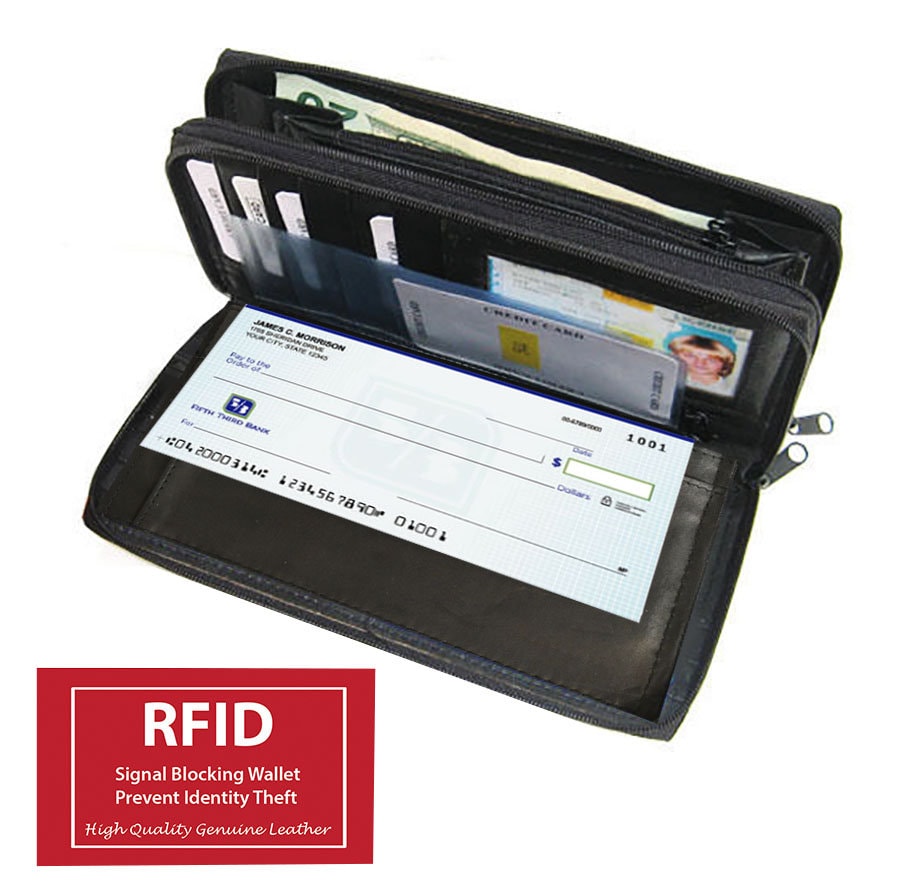 RFID Blocking Genuine Leather Checkbook Secretary Accordion Wallet 2 Zipper Clutch Credit Card Organizer