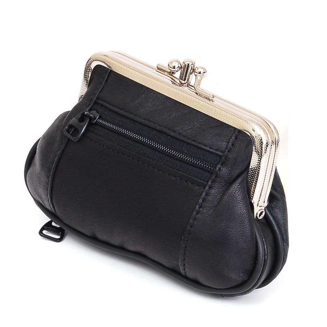 Black Genuine Leather Women's Change Purse Clasps Open Coin Flap Top Card Holder