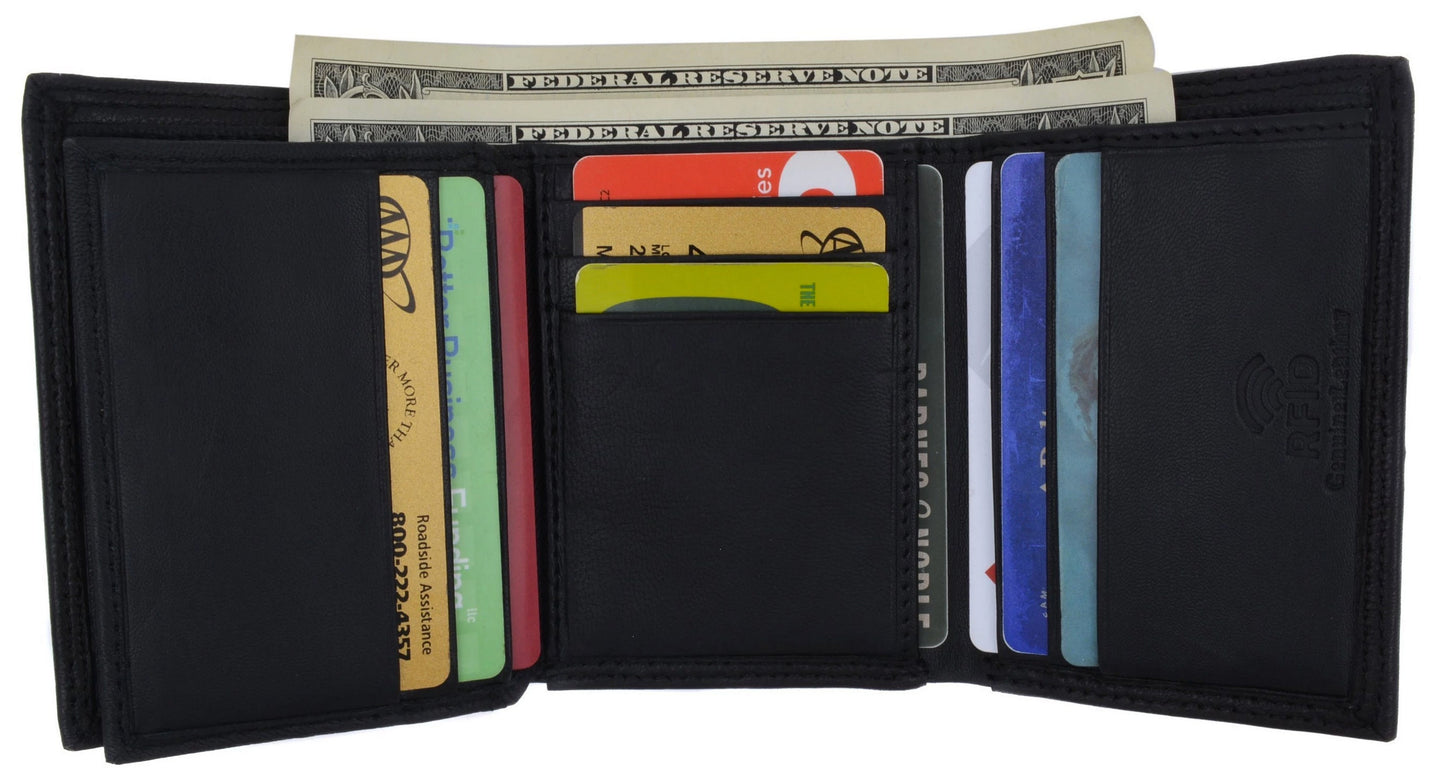 RFID Blocking Handcrafted Cowhide Genuine Leather Men's Trifold Center Flap Premium Wallet