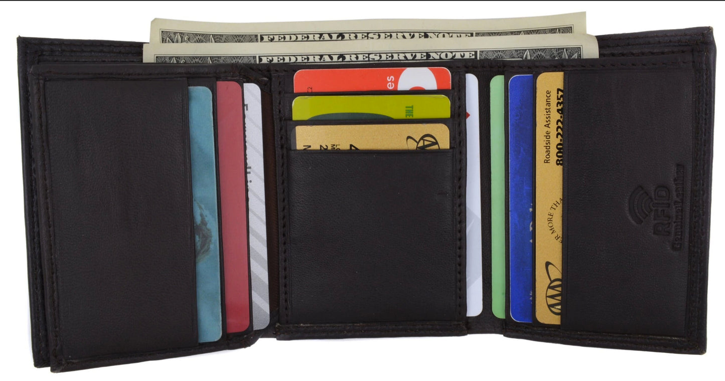 RFID Blocking Handcrafted Cowhide Genuine Leather Men's Trifold Center Flap Premium Wallet