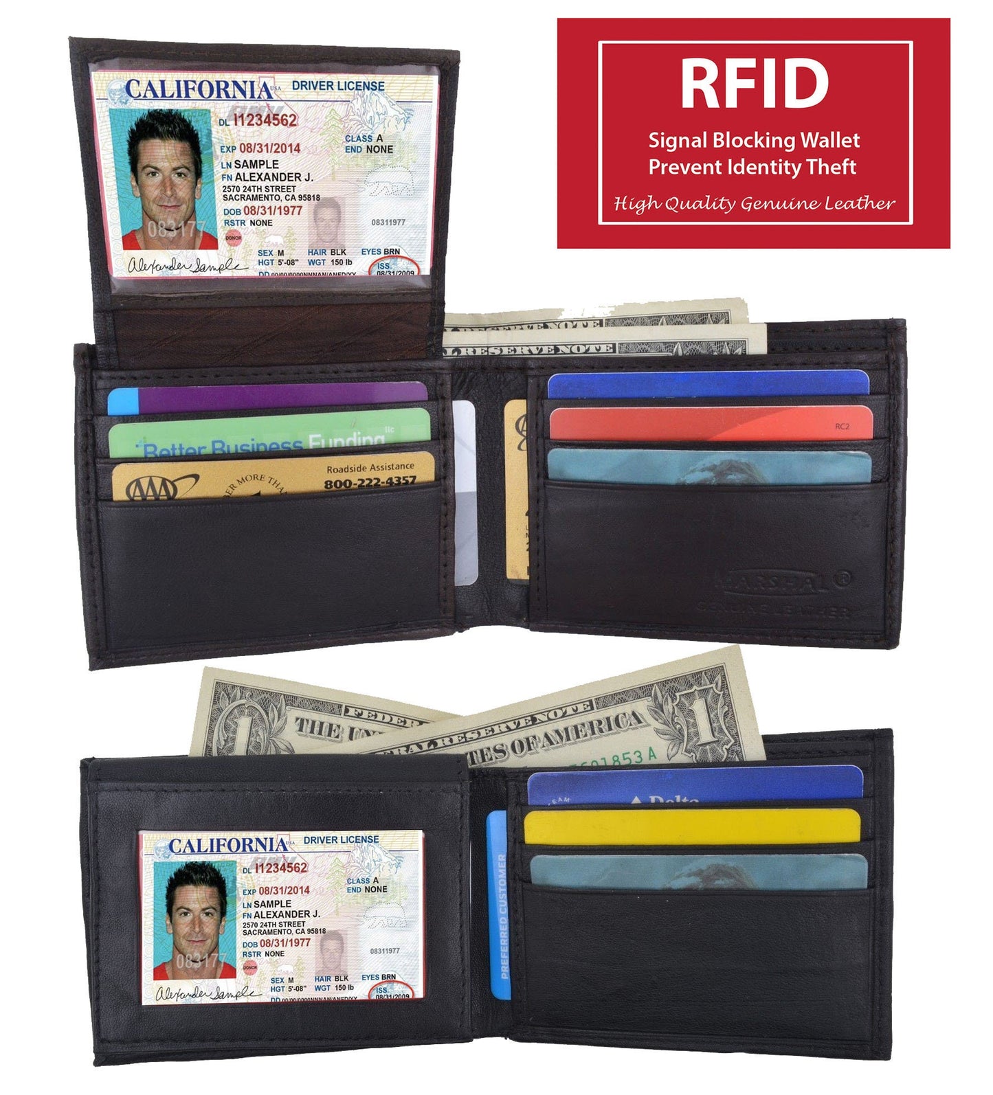 RFID Blocking Men's Bifold Leather Wallet Flap Top Card Holder