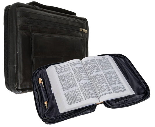 Black Genuine Leather Bible Cover Zippered Bag Book Organizer Brief Case